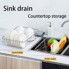 1pc Drain Rack; Drain Basket; Stainless Steel Kitchen Basket; Home Utensil Holder; Sink Basket; Retractable Sink Rack Suitable For Rectangular Si (size: M)