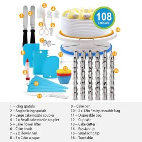 1 Set 11in Rotating Cake Turntable 108Pcs Cake Decorating Supplies Kit Revolving Cake Table Stand Base Baking Tools (Option: Blue)